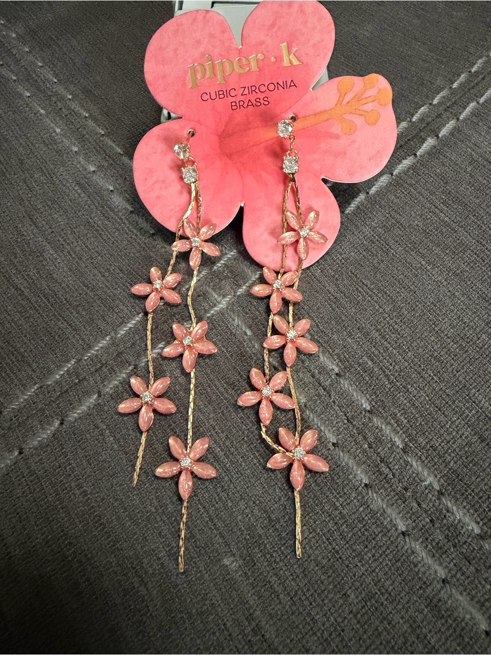 Piper K Long Pink Floral Dangle Earrings with Gold Accents